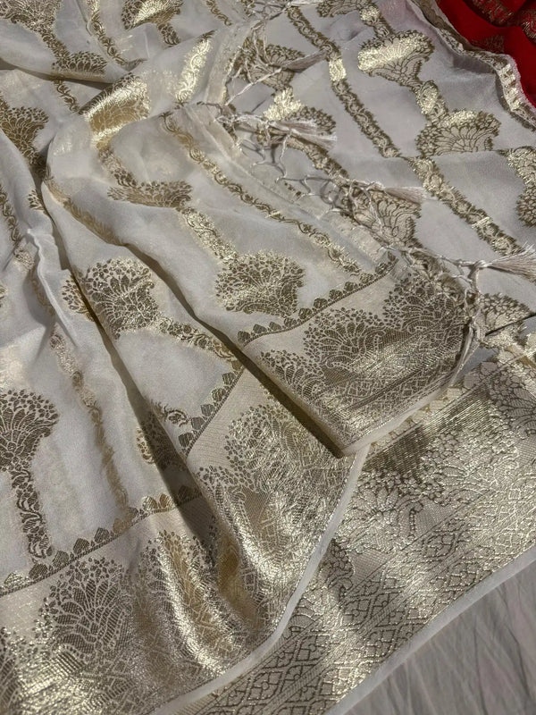 Light Cream Premium Viscose Georgette Banarasi Saree with Red Contrast Blouse