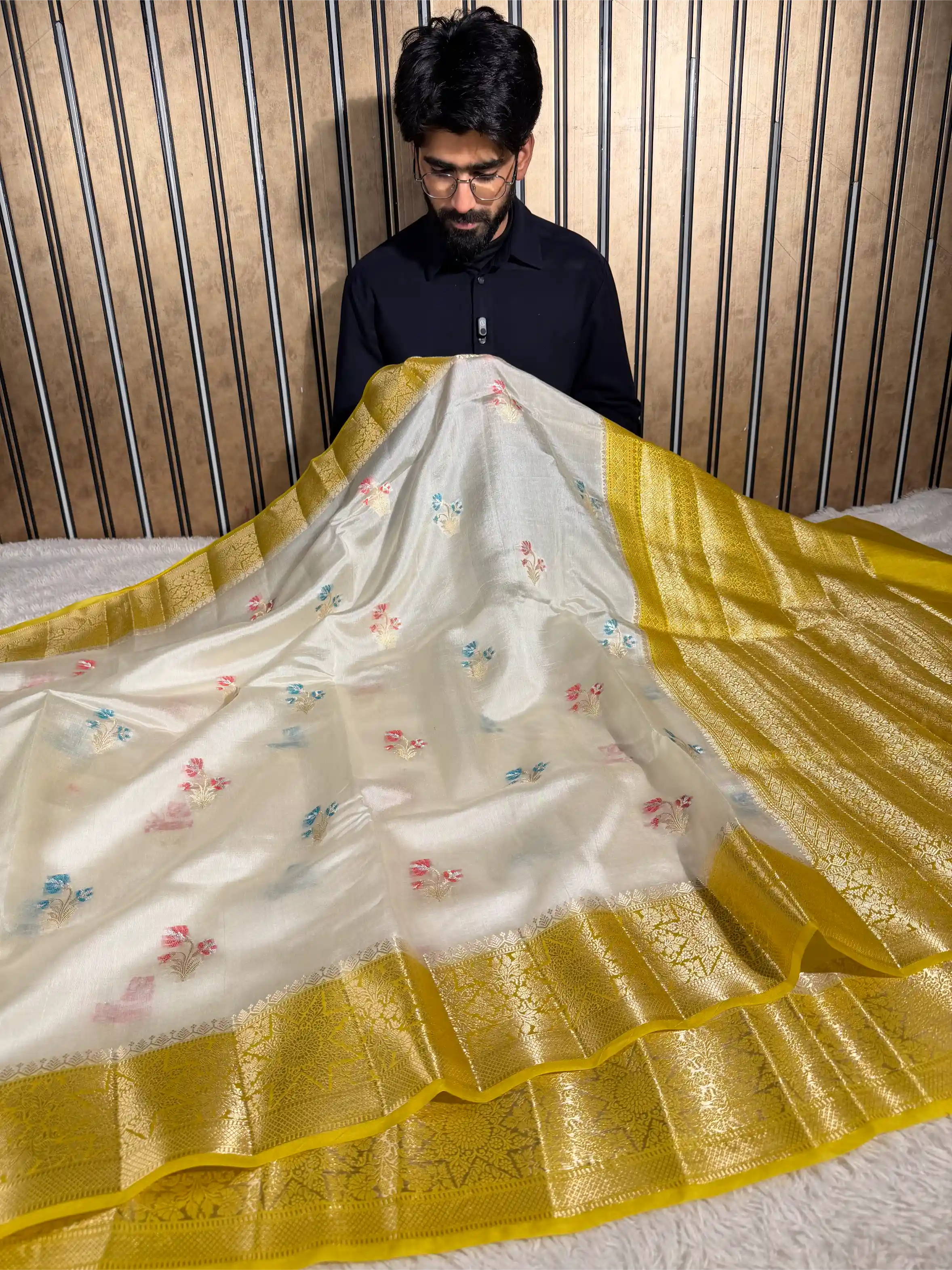 Light Cream Pure Mango Katan Silk Meenakari Buta Banarasi Saree