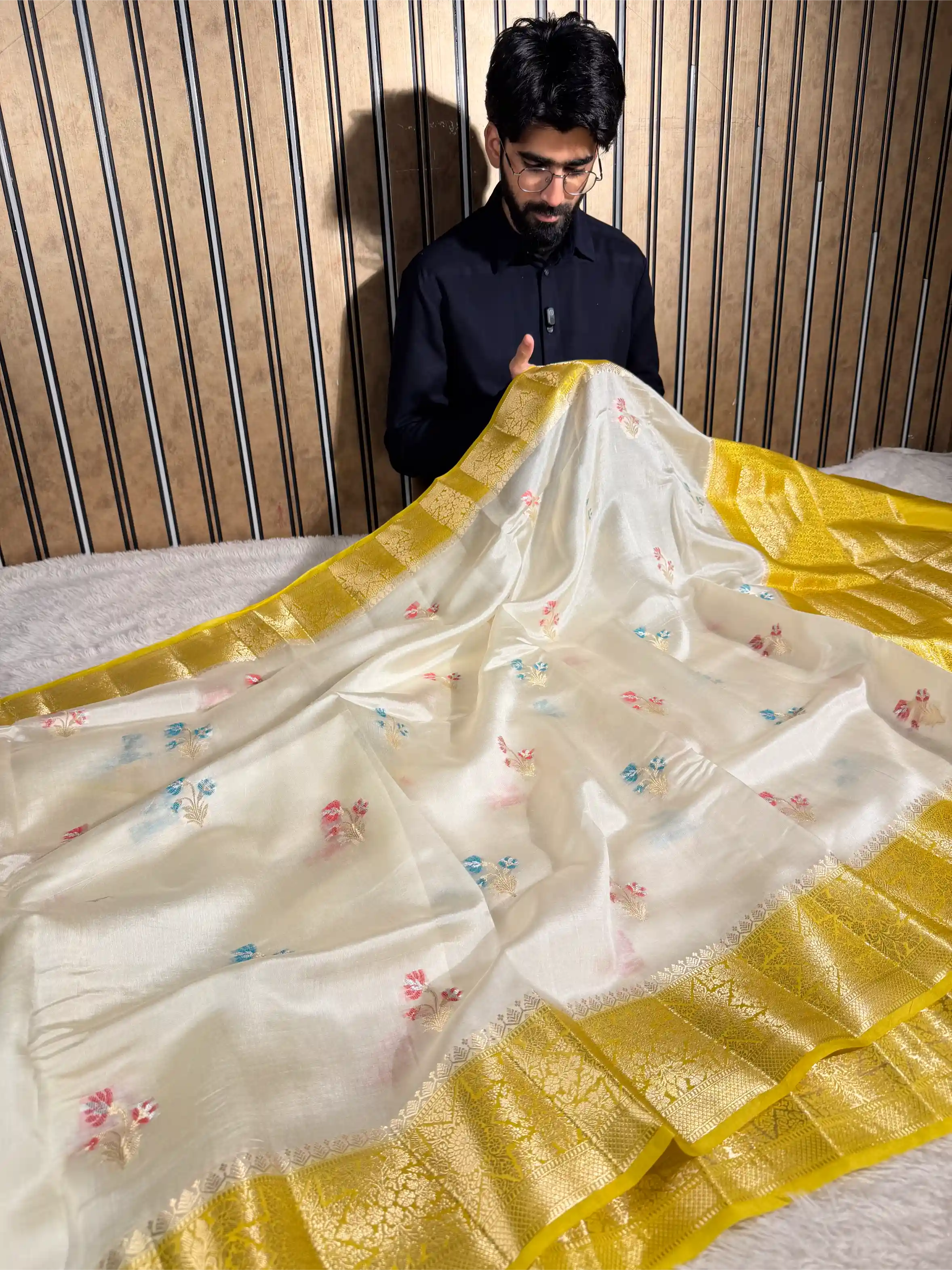 Light Cream Pure Mango Katan Silk Meenakari Buta Banarasi Saree