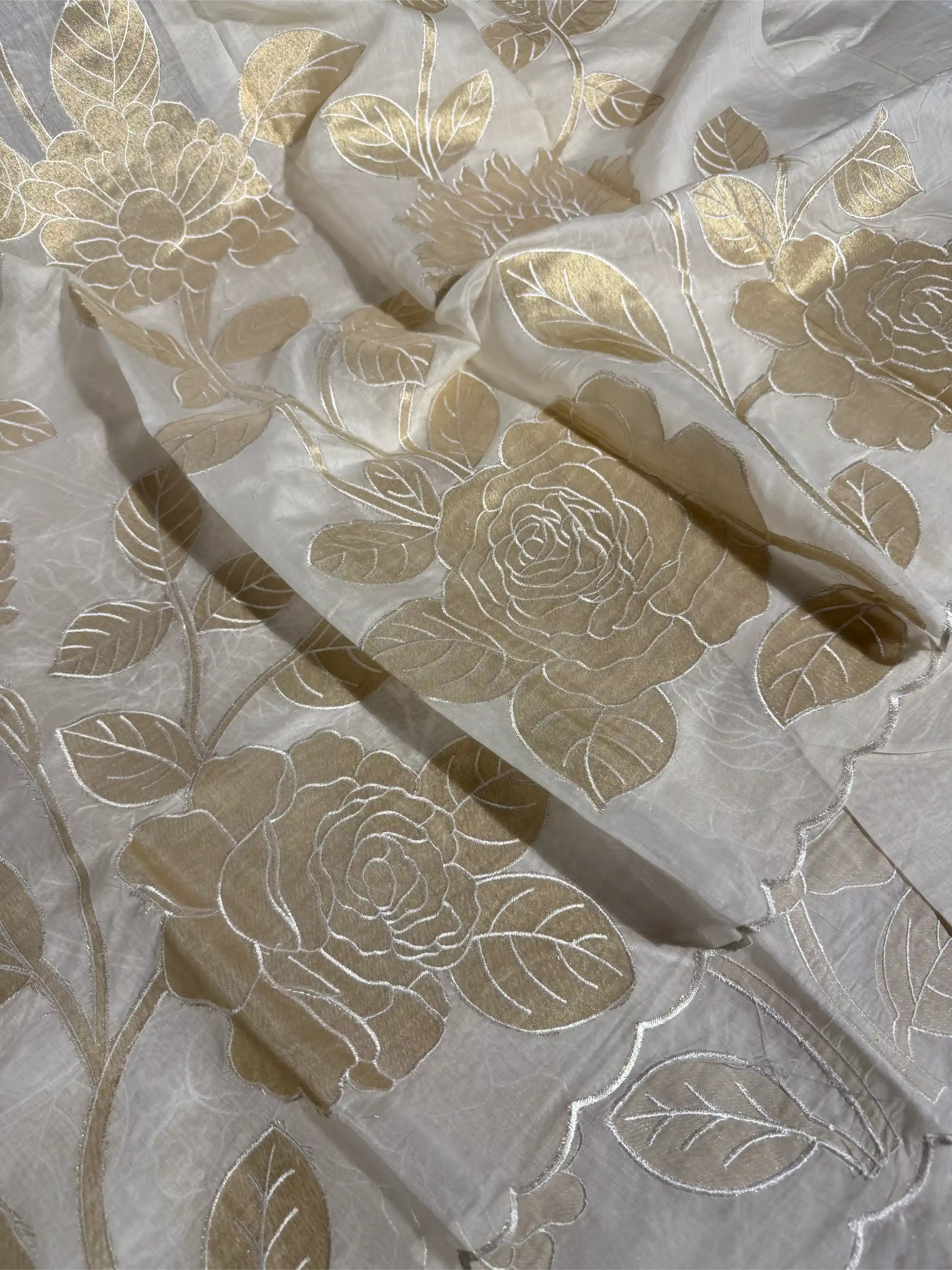 Light Cream Pure Mul Chanderi Appliqué Work Banarasi Saree