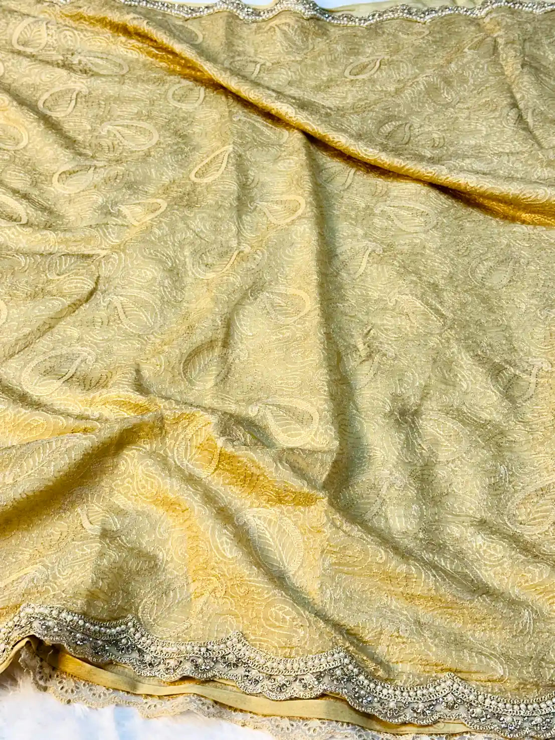 Light Cream Pure Mul Chanderi Chikankari Embroidery Moti Lace Work Saree