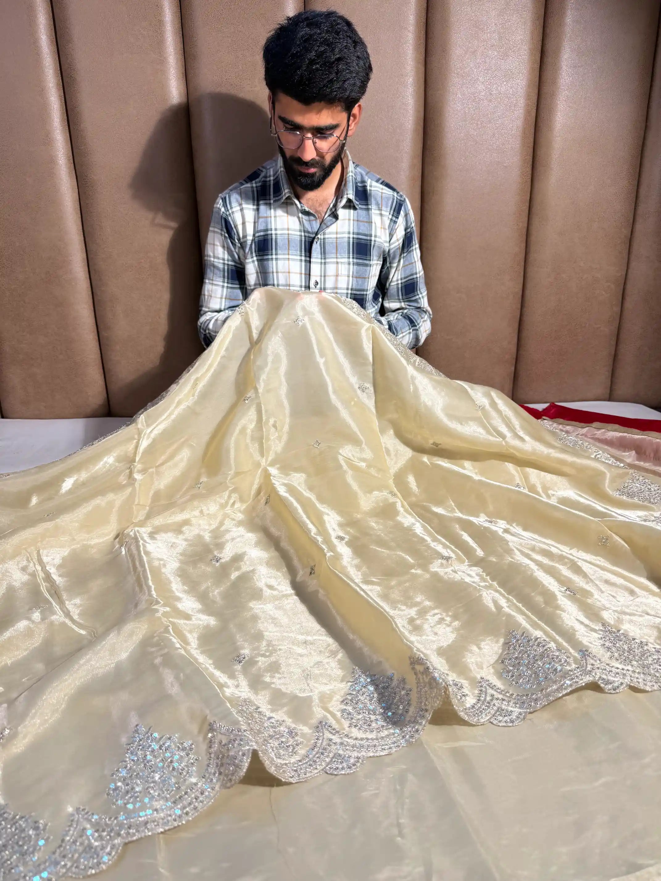Light Cream Shimmery Tissue Silk Designer Saree