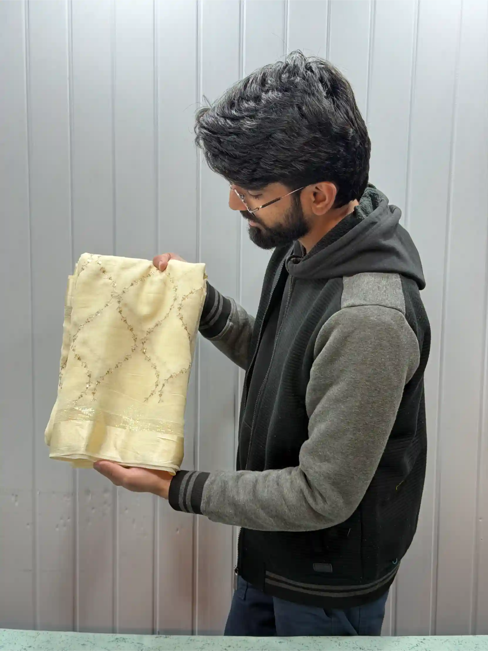 Light Cream Viscose Georgette Silk Embroidered Work Banarasi Saree