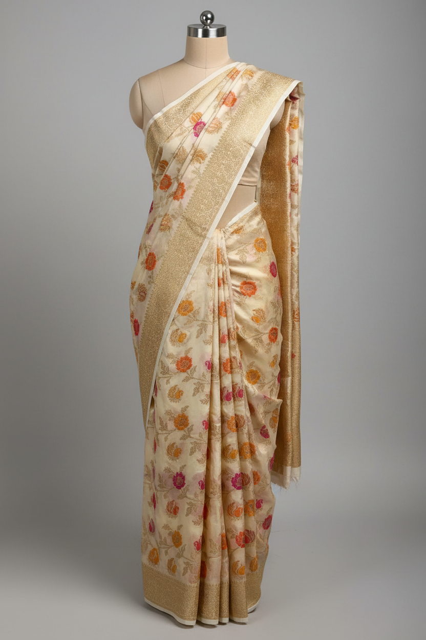 Light Cream Warm Silk Tilfi Meenakari Banarasi Saree