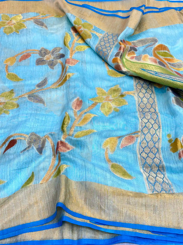 Light Firozi Pure Matka Silk Floral Banarasi Saree 