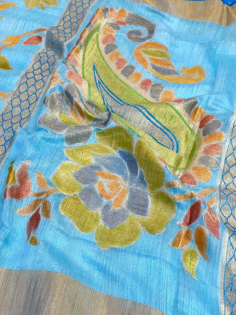 Light Firozi Pure Matka Silk Floral Banarasi Saree 