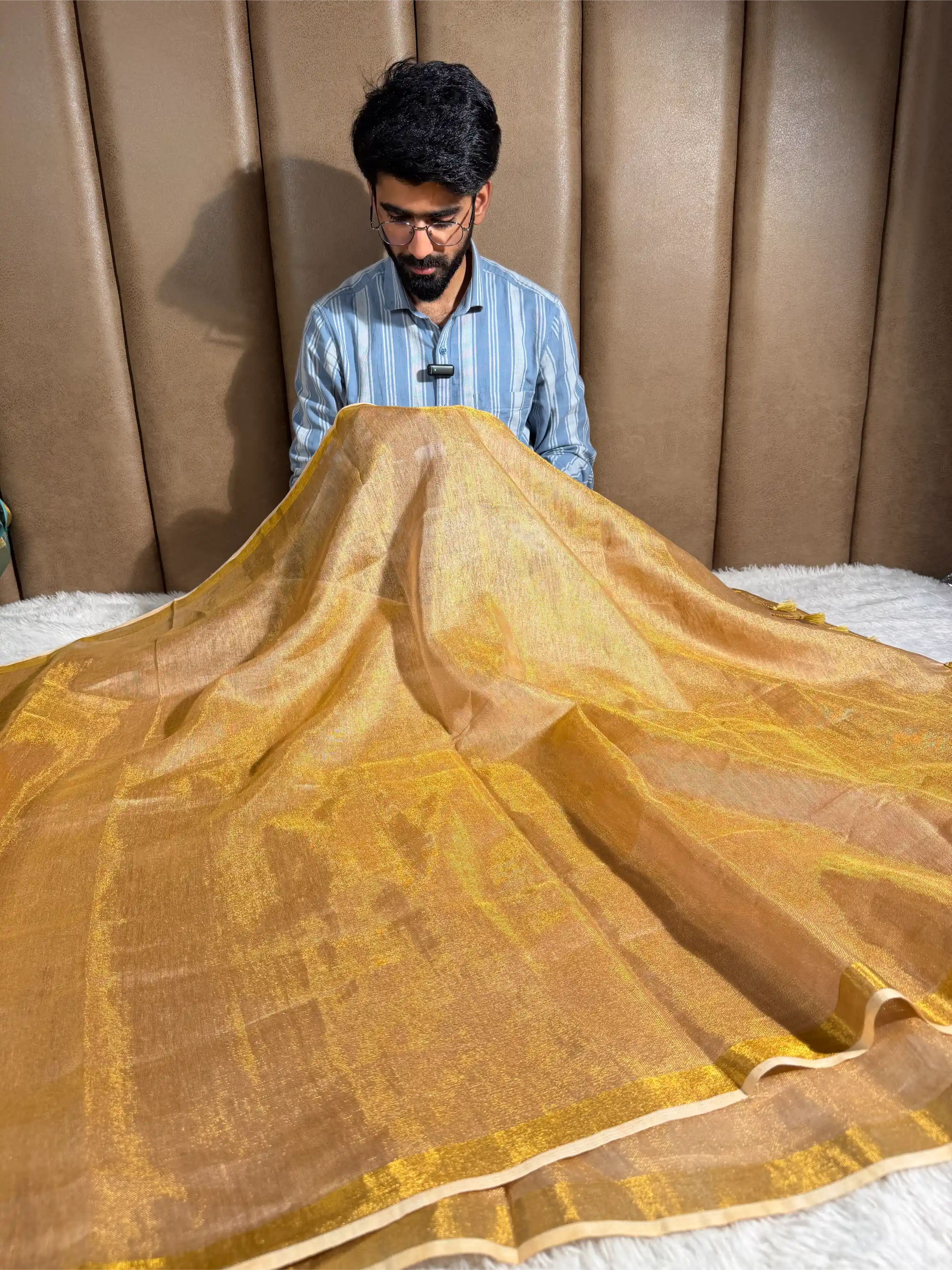 Light Gold Linen Tissue Silk Banarasi Saree
