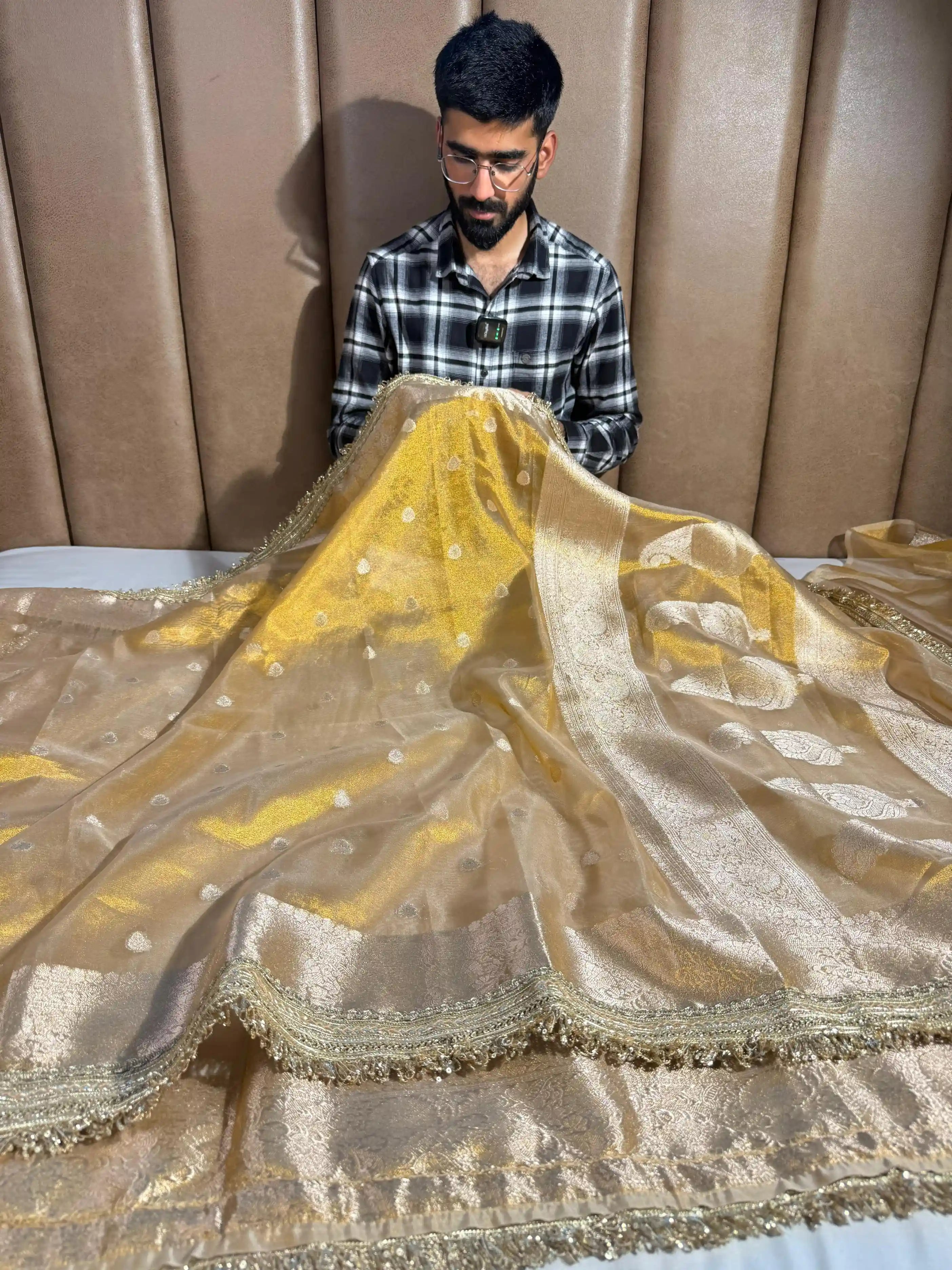 Light Gold Shade Exclusive Soft Tissue Silk Banarasi Saree with Designer Lace Work
