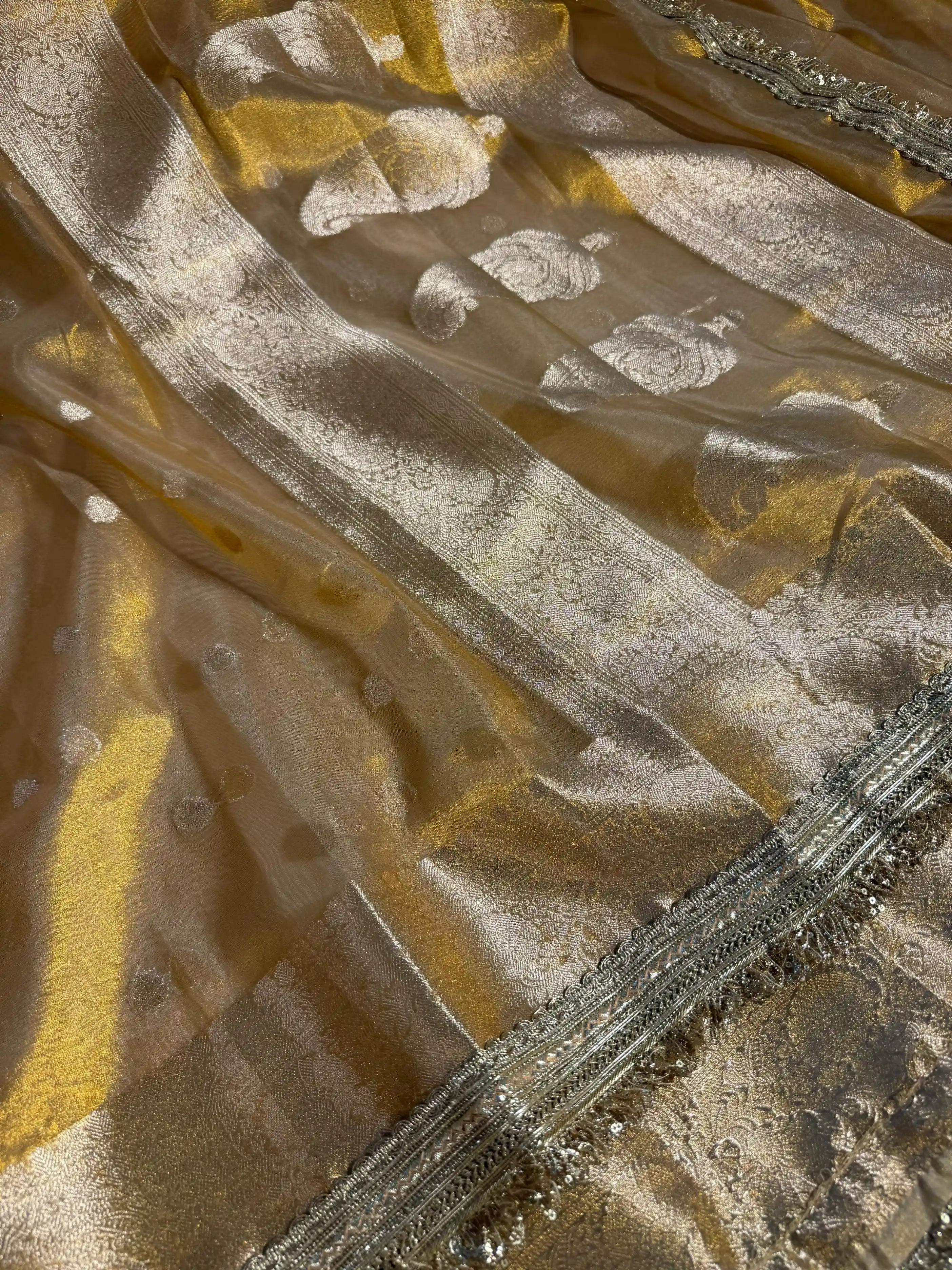 Light Gold Tissue Silk Designer Lace Work Banarasi Saree