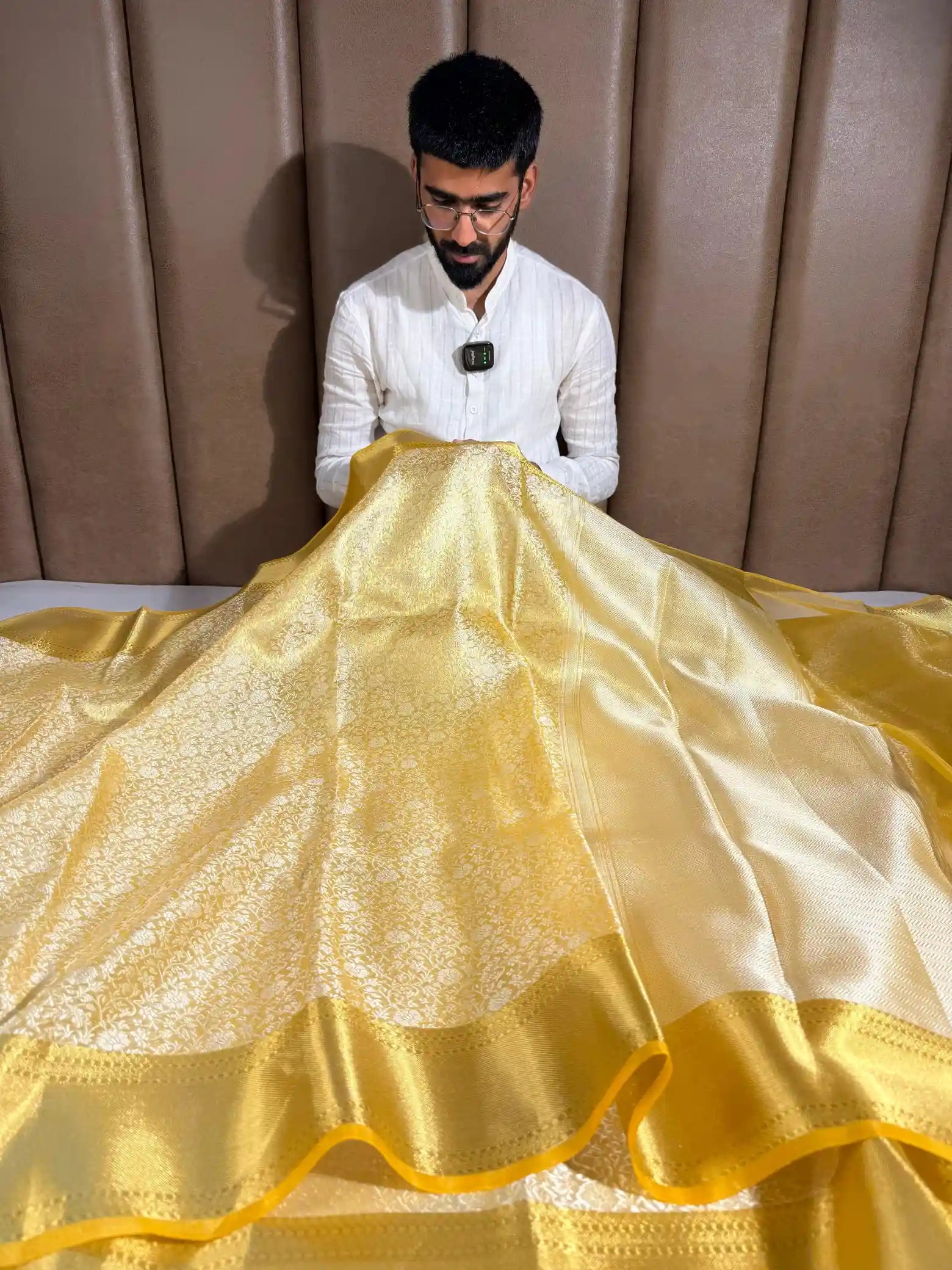 Light Gold Soft Tissue Silk Chikankari Weaved Banarasi Saree
