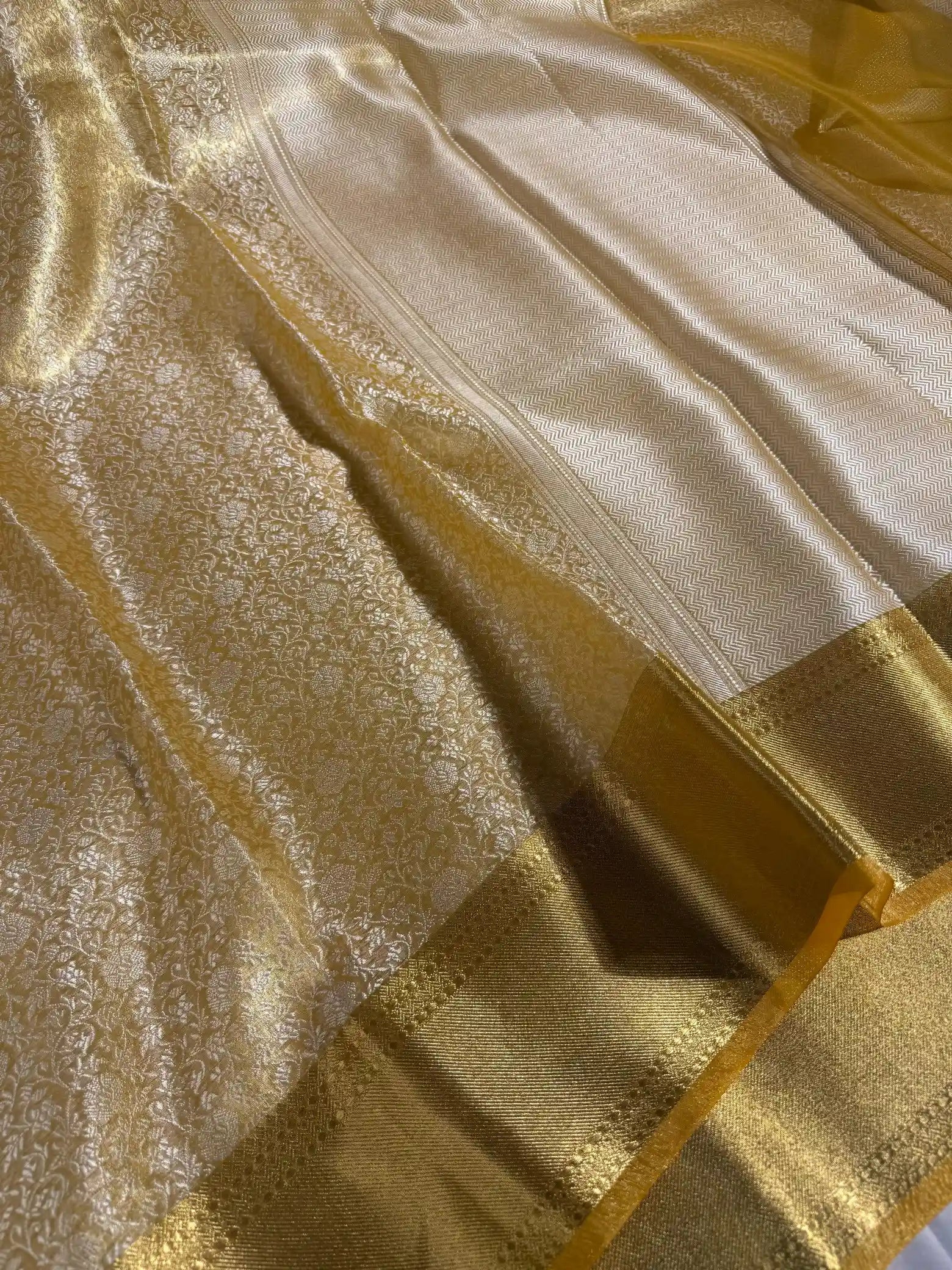 Light Gold Soft Tissue Silk Chikankari Weaved Banarasi Saree