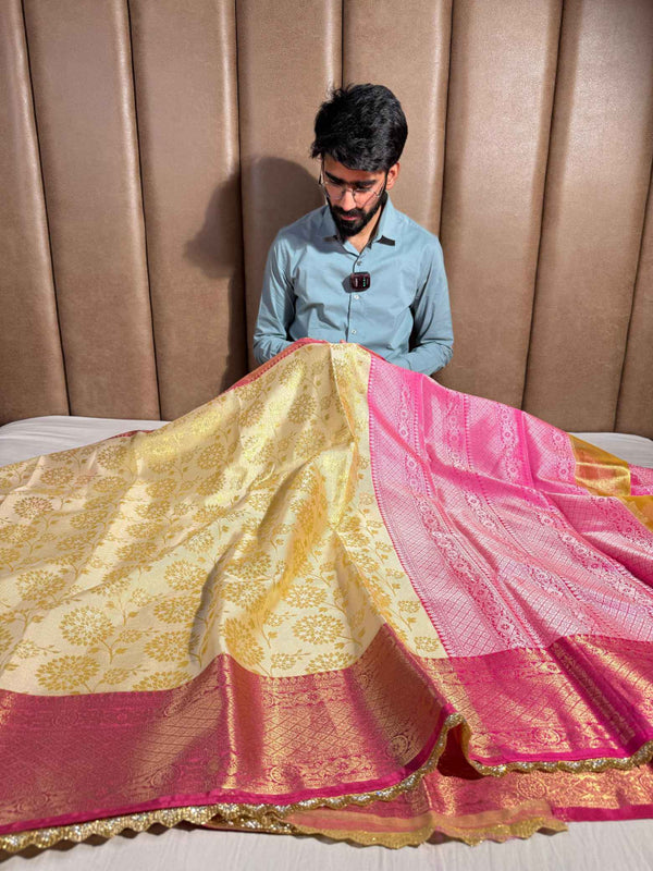 Light Gold Tissue Silk Designer Lace Work Banarasi Saree