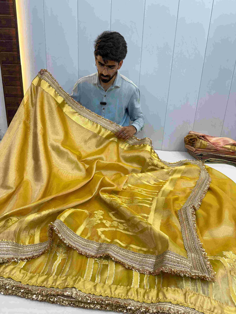 Light Gold Tissue Silk Heavy Lace Attached Banarasi Saree