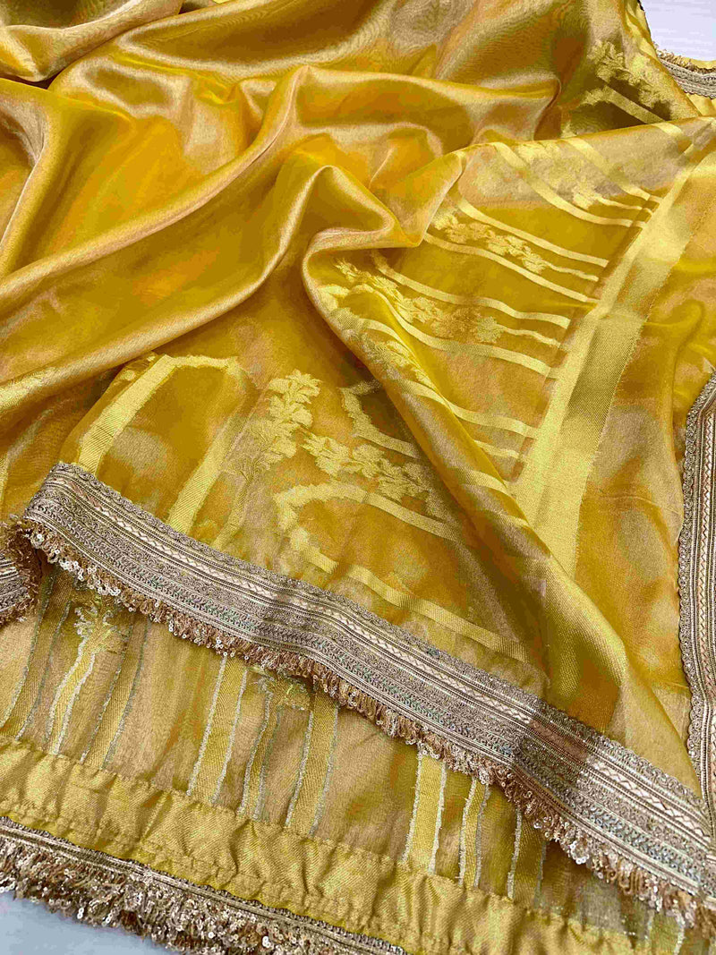 Light Gold Tissue Silk Heavy Lace Attached Banarasi Saree