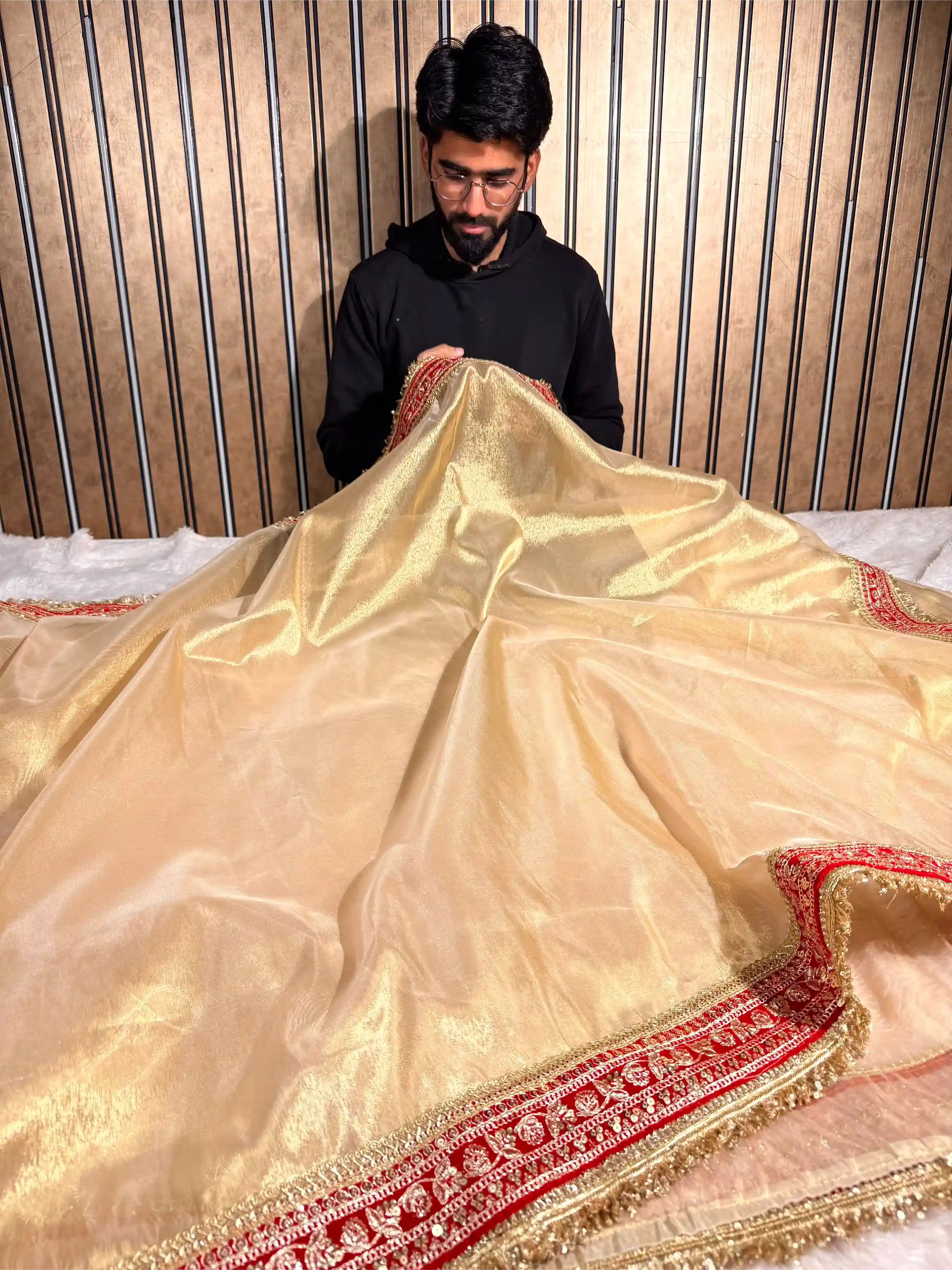 Light Gold Tissue Silk Maroon Eccentric Gota Attached Banarasi Saree