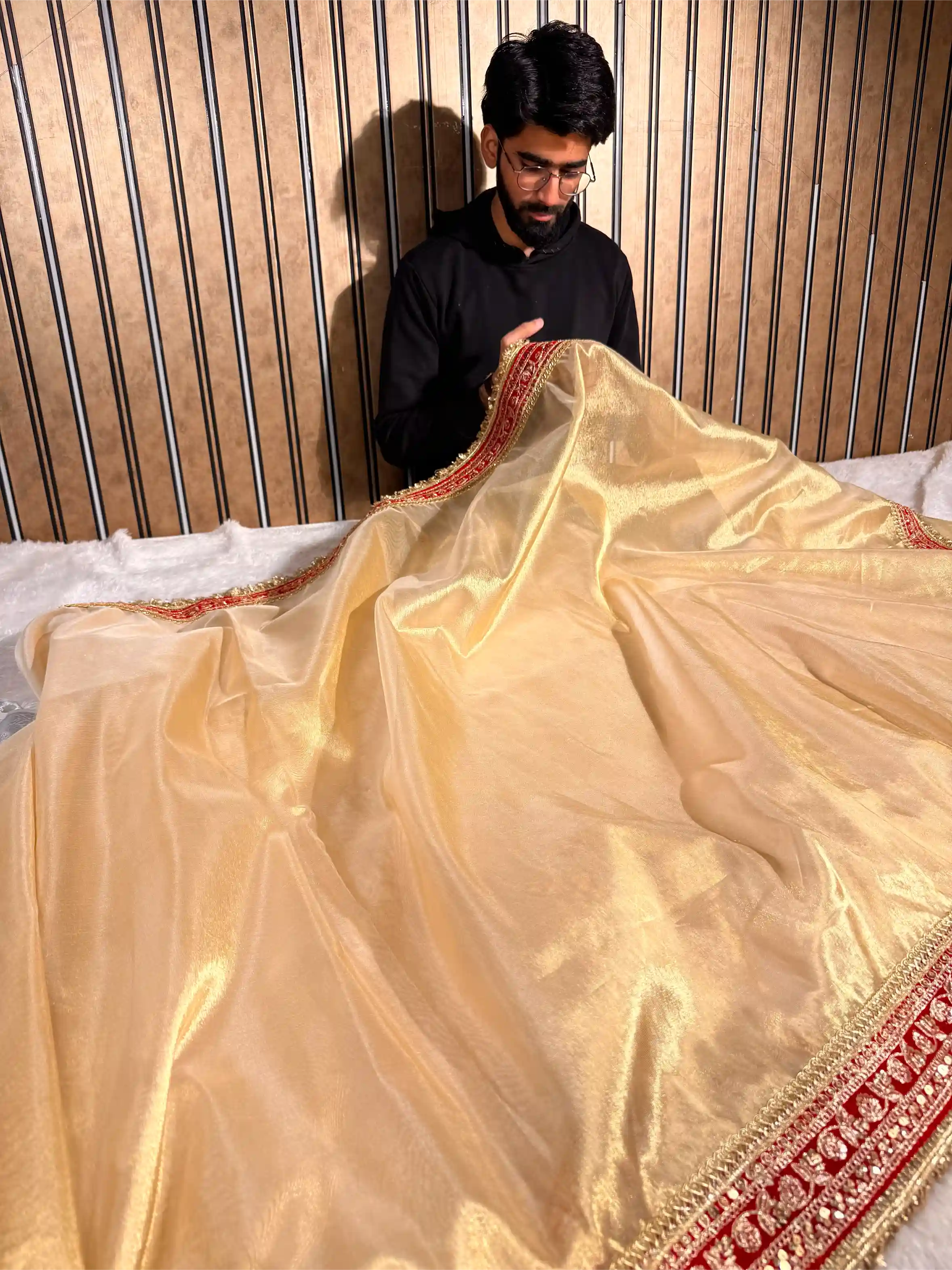 Light Gold Tissue Silk Maroon Eccentric Gota Attached Banarasi Saree