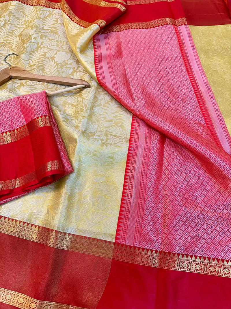 Light Gold Tissue Silk Resham Embossed Floral Banarasi Saree