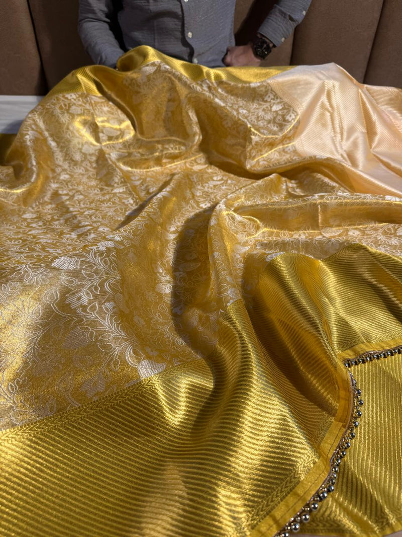 Light Golden Kanjeevaram Tissue Silk Moti Less Attached Banarasi Saree