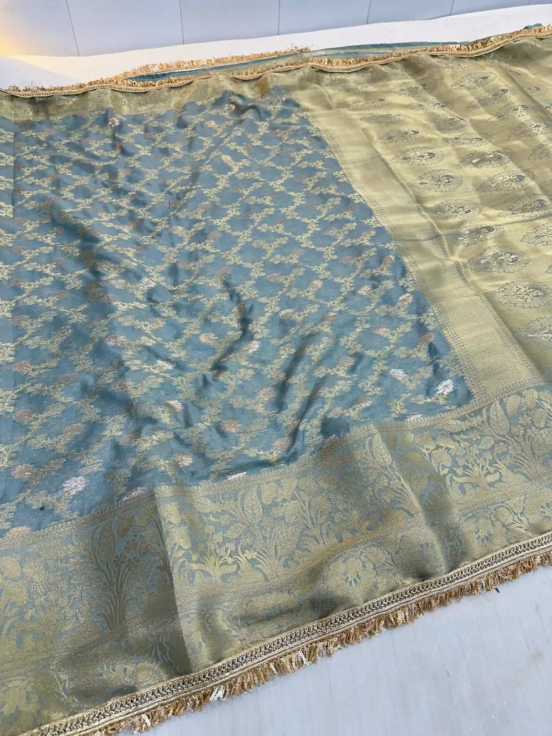 Light Grey Chiniya Silk Designer Lace Attached Banarasi Saree