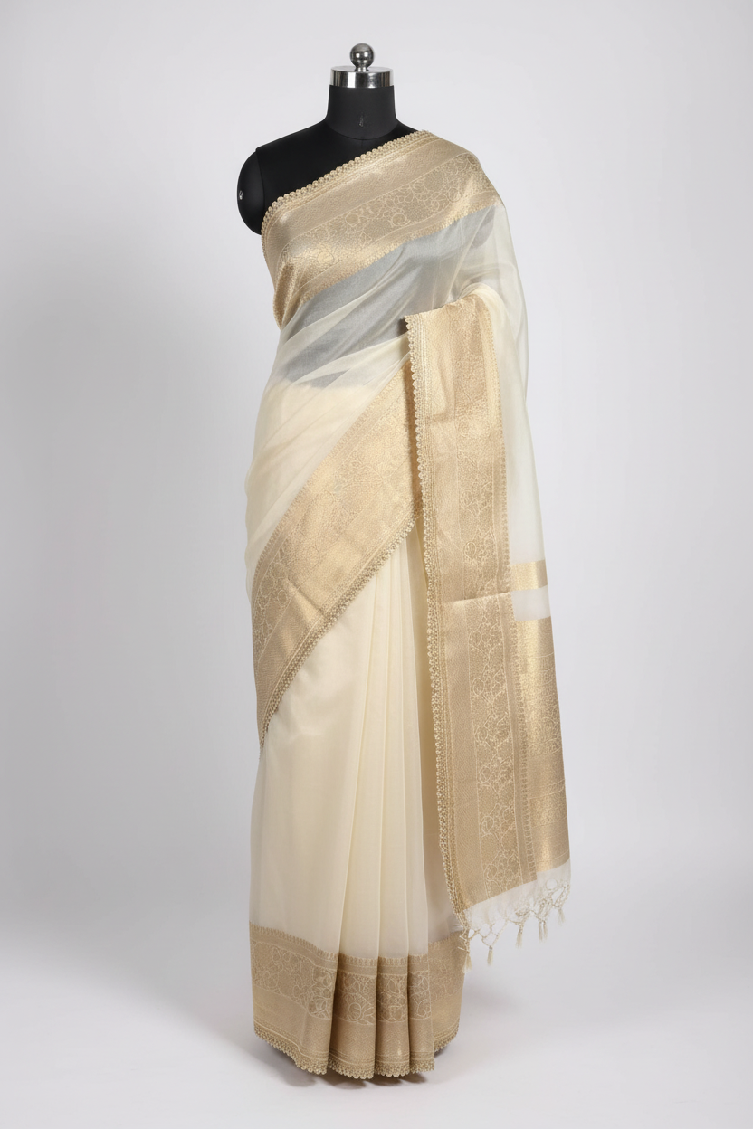 Light Ivory Cream Kora Organza Designer Lace Attached Banarasi Saree