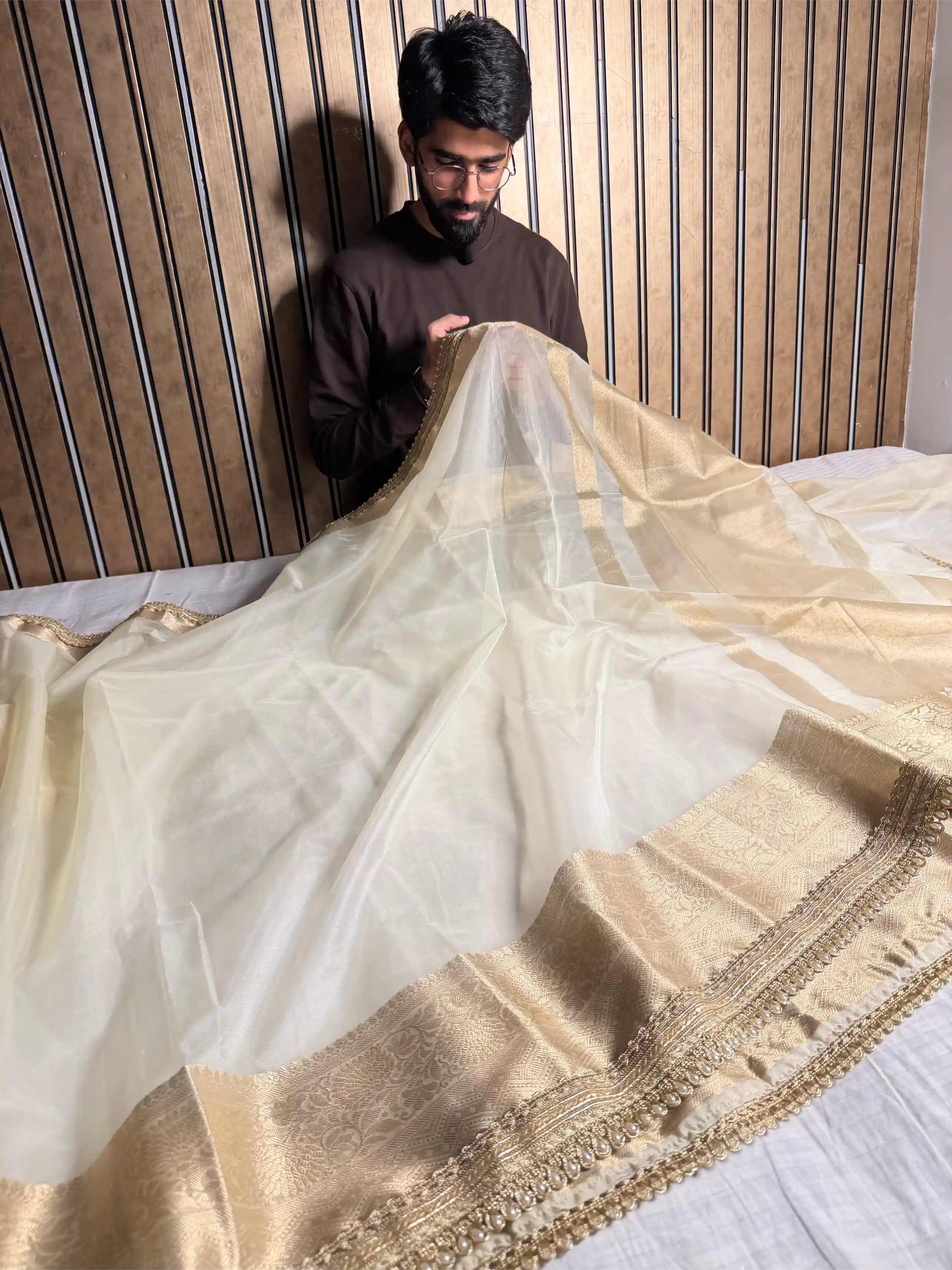 Light Ivory Cream Kora Organza Designer Lace Attached Banarasi Saree