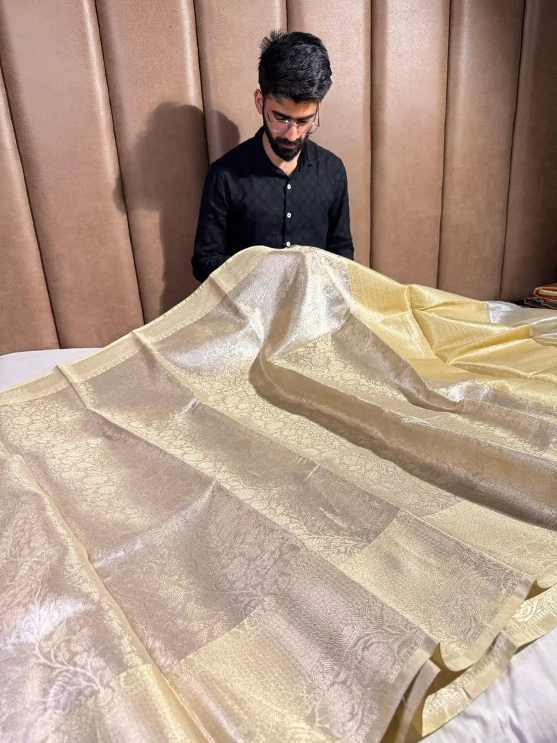 Light Ivory Embossed Tissue Silk Banarasi Saree