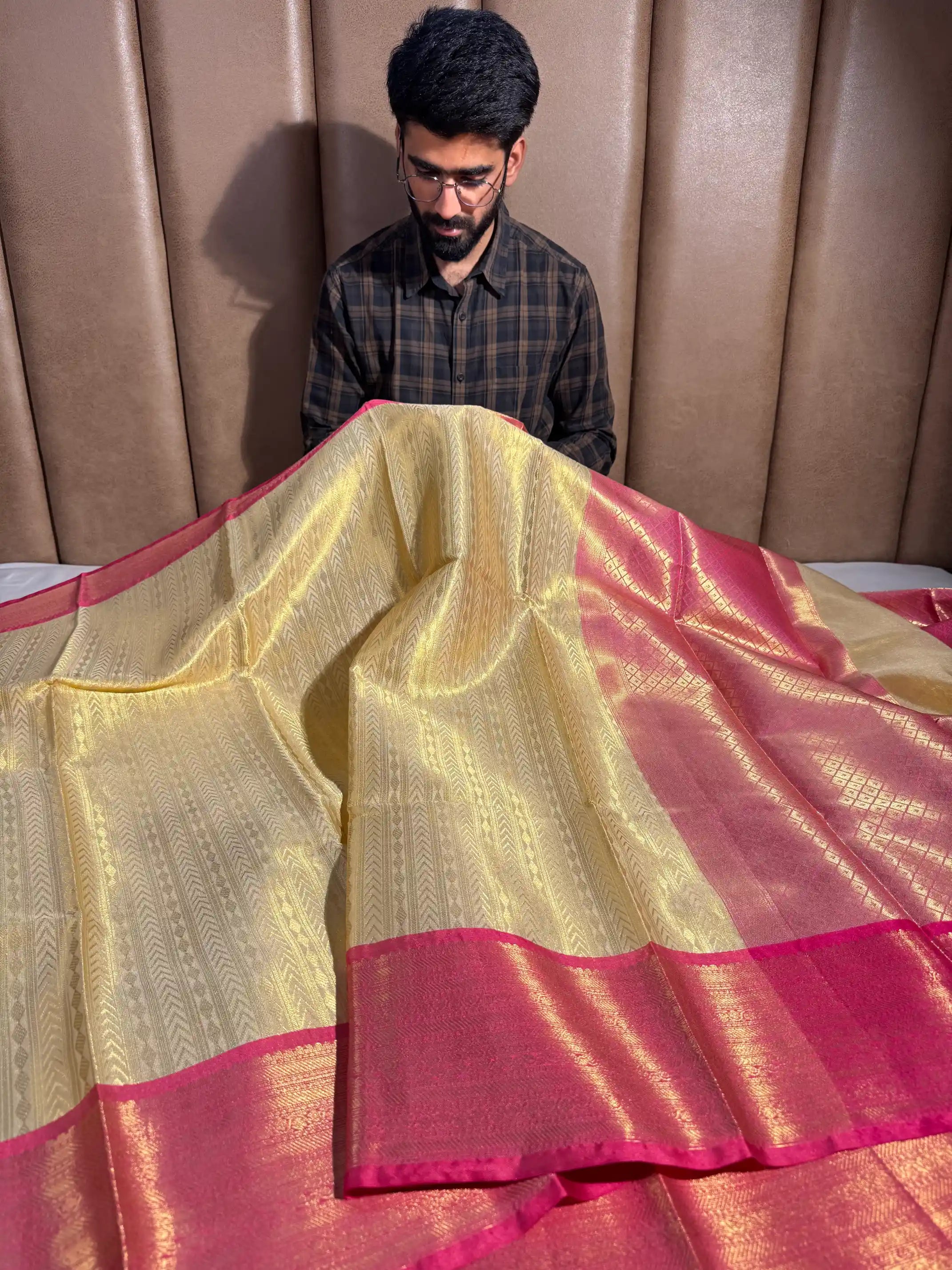 Light Ivory Gold Kanjivaram Brocade Tissue Silk Saree