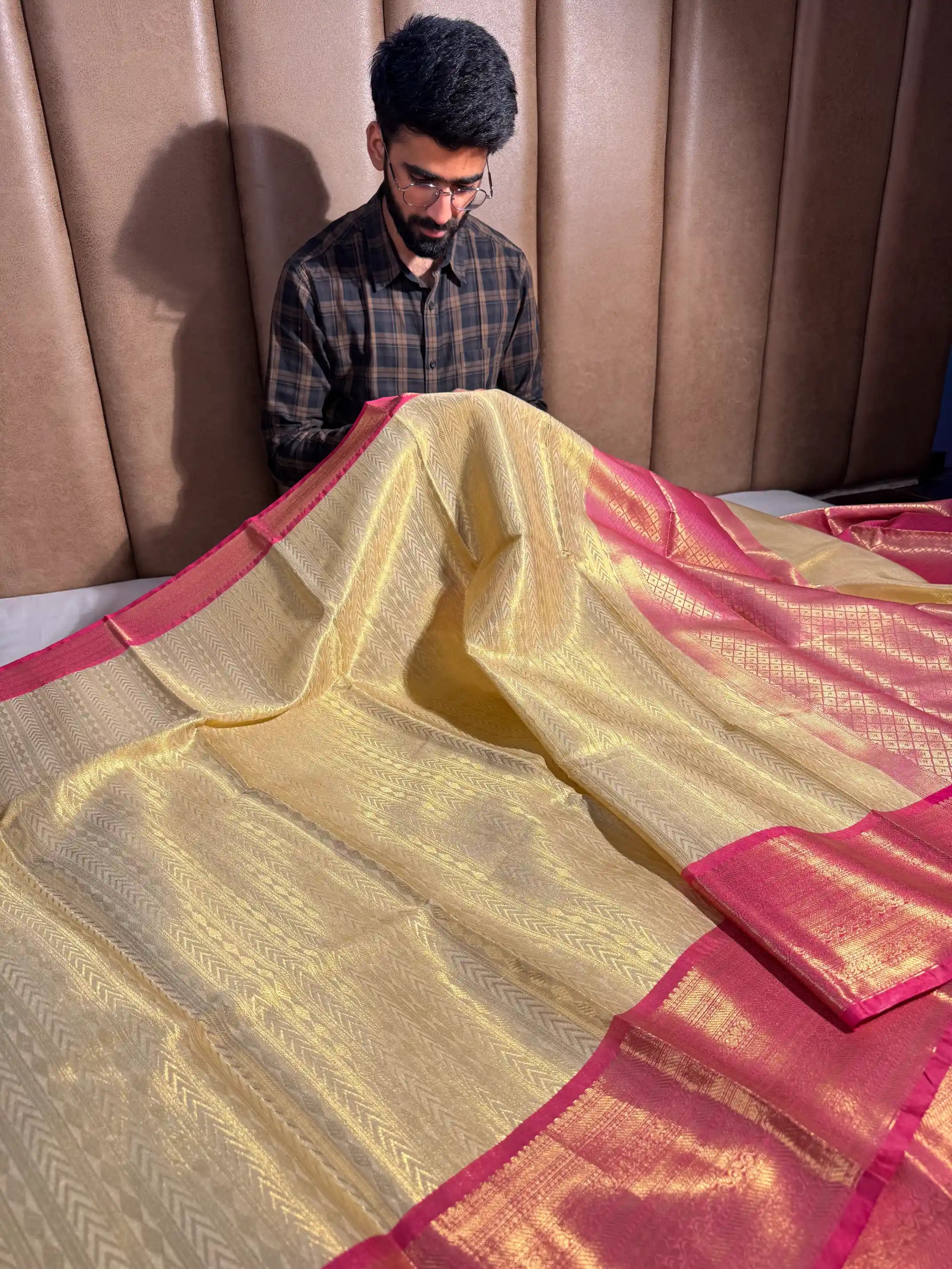 Light Ivory Gold Kanjivaram Brocade Tissue Silk Saree