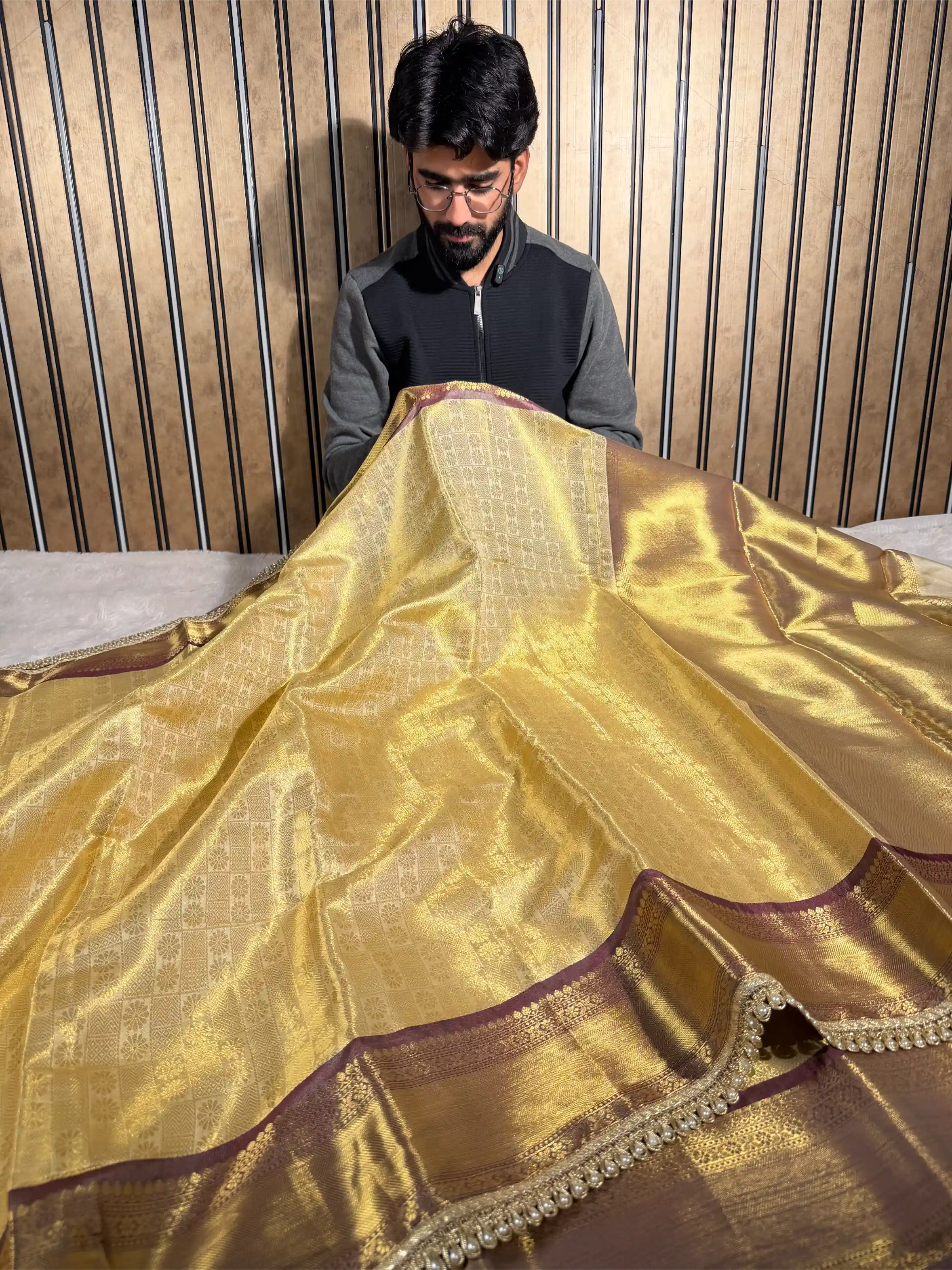 Light Ivory Kanjivaram Tissue Silk Embossed Designer Banarasi Saree