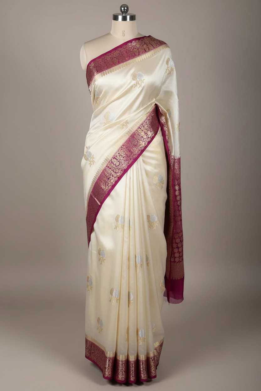 Light Ivory Pure Mango Katan Silk Floral Buta Banaraasi Saree
