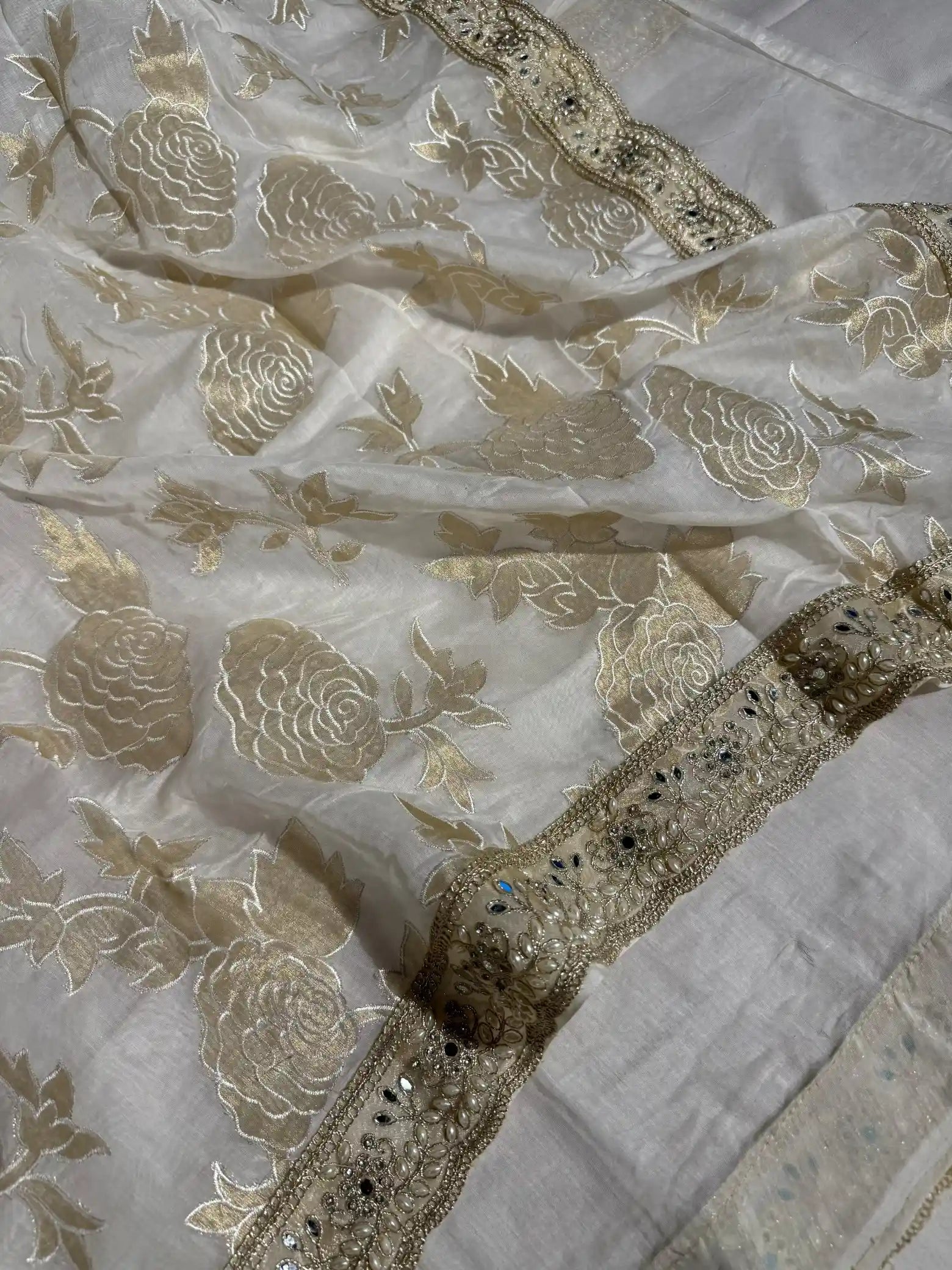 Light Ivory Pure Mul Chanderi Silk Hand Pasted Cutwork Zari Buta Saree