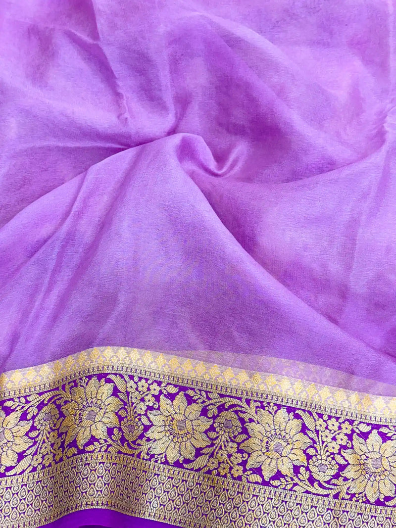 Light Lavender Hand Brush Dyed Chiffon Khaddi Banarasi Saree