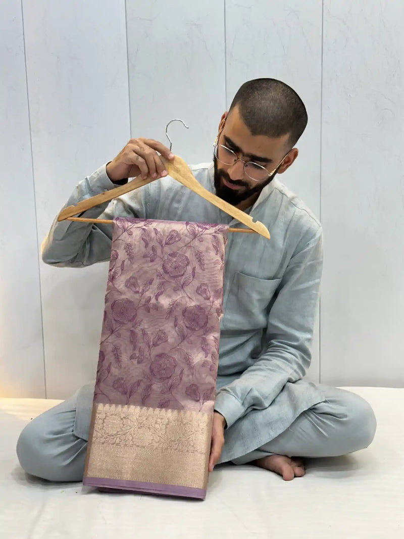 Light Lavender Tissue Silk Chikankari Embroiderd Work Banarasi Saree