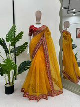 Light Mustard Yellow Kora Organza Thread Work Embroidery Designer Saree