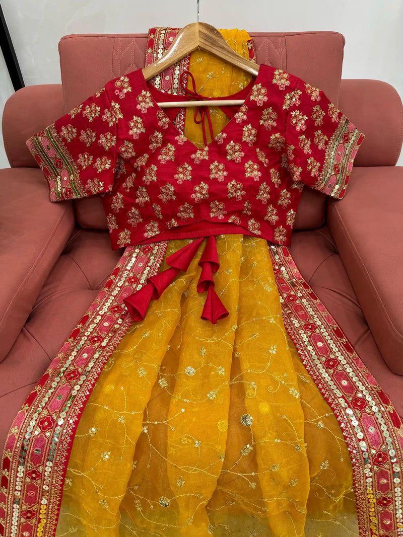 Light Mustard Yellow Kora Organza Thread Work Embroidery Designer Saree