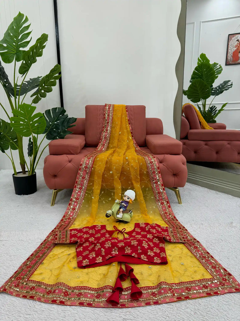 Light Mustard Yellow Kora Organza Thread Work Embroidery Designer Saree