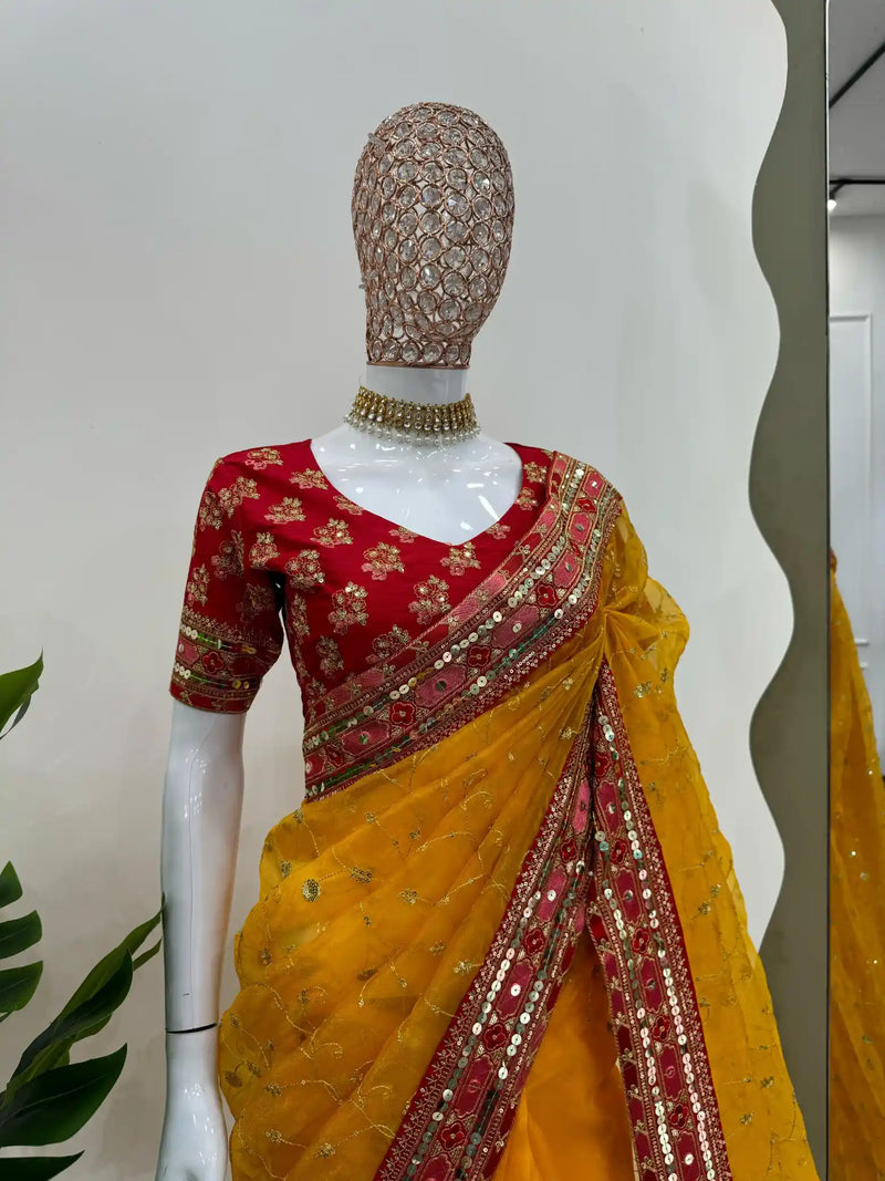 Light Mustard Yellow Kora Organza Thread Work Embroidery Designer Saree