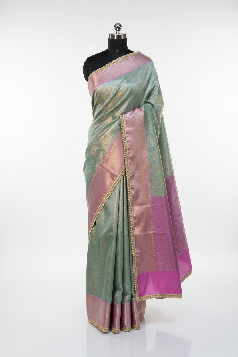 Light Pastel Sea Green Bridal Kanjivaram Tissue Silk Moti Lace Work Designer Saree