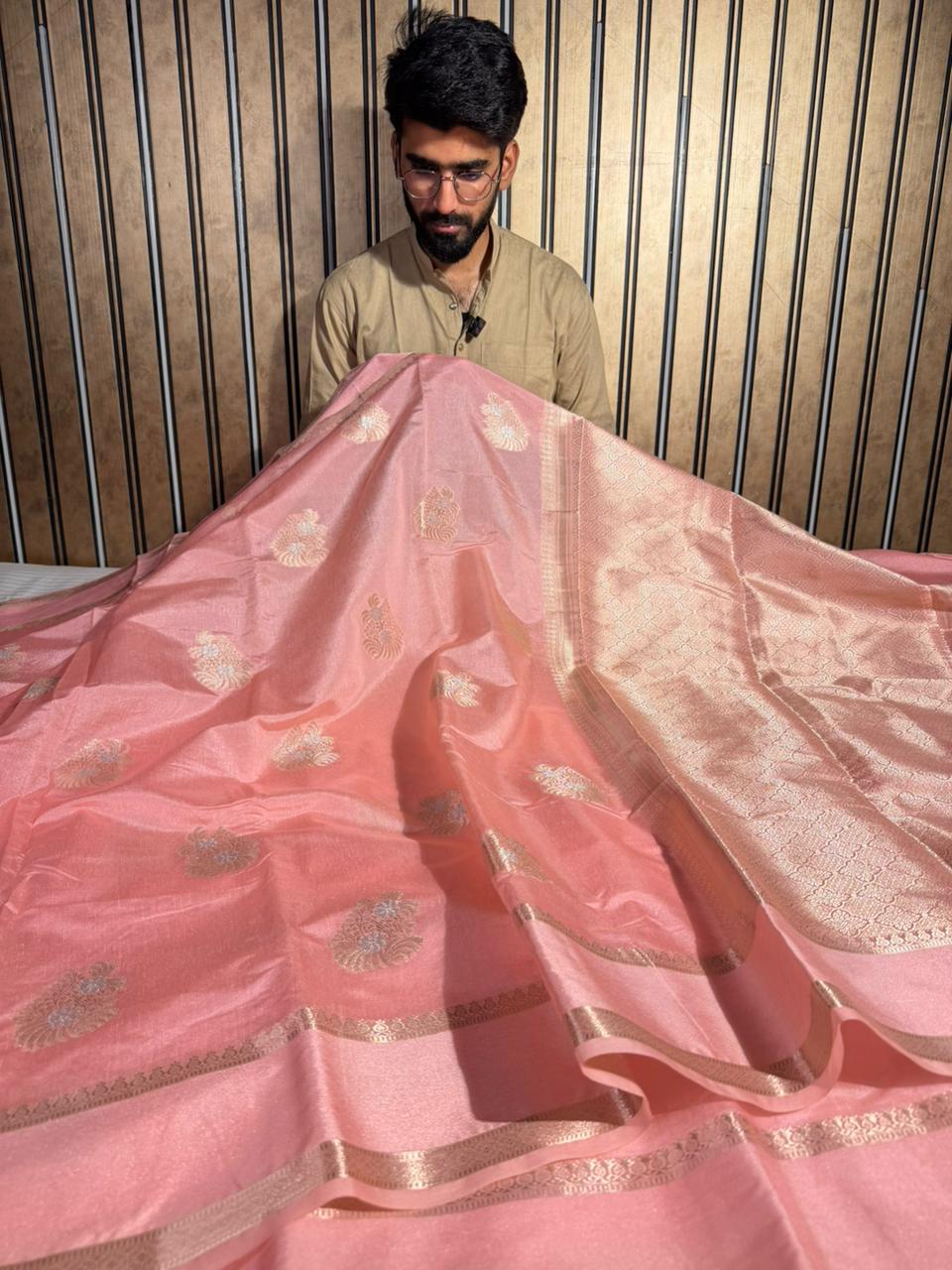 Light Peach Chinia Silk Traditional Weave Banarasi Saree