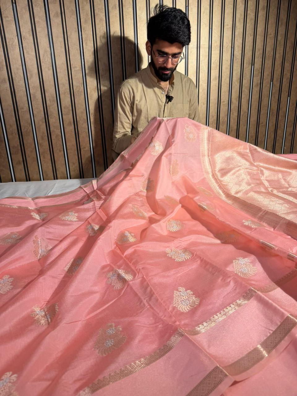 Light Peach Chinia Silk Traditional Weave Banarasi Saree