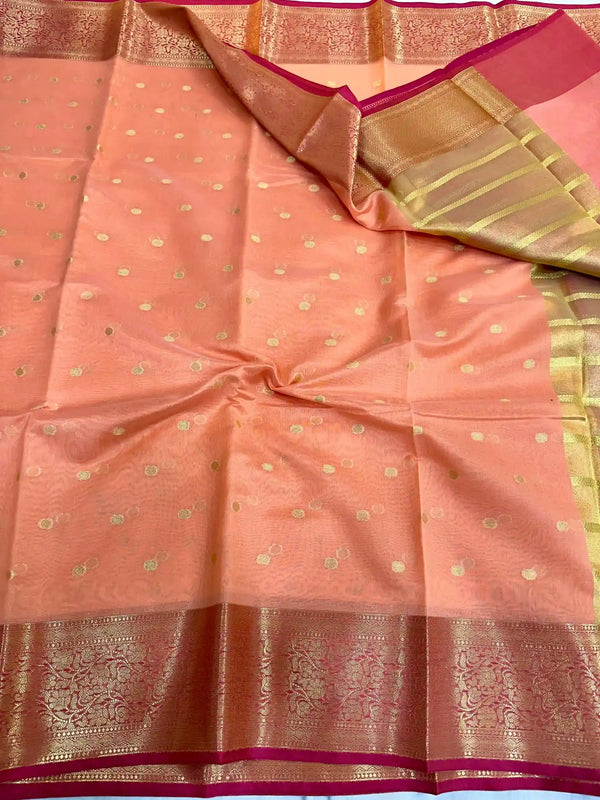 Light Peach Cotton Silk Zari Buti Banarasi Saree