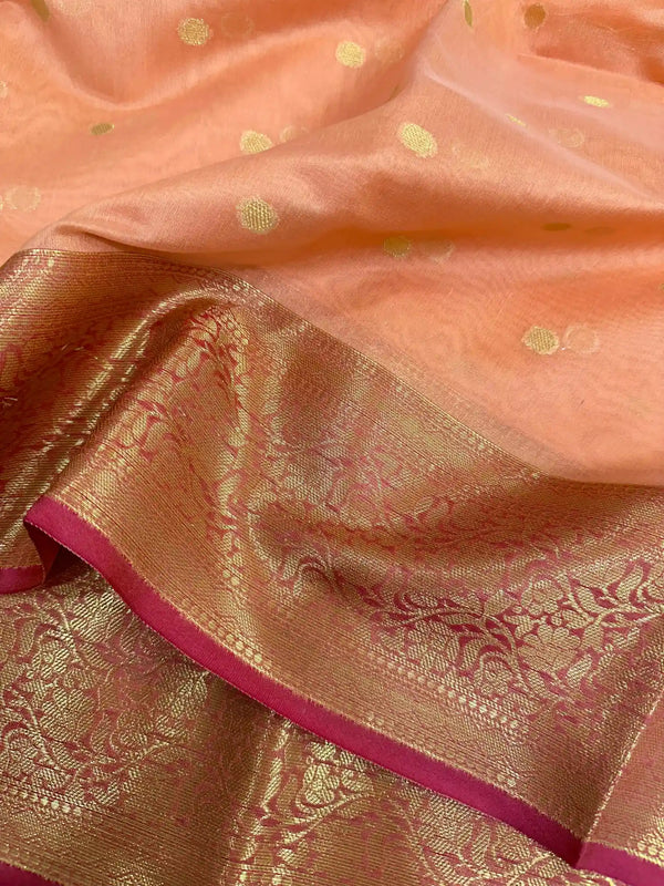 Light Peach Cotton Silk Zari Buti Banarasi Saree