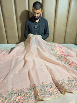 Light Peach Kora Organza Silk Multicoloured Heavy Floral Embroidery Work Banarasi Saree