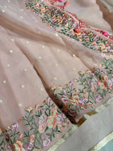 Light Peach Kora Organza Silk Multicoloured Heavy Floral Embroidery Work Banarasi Saree