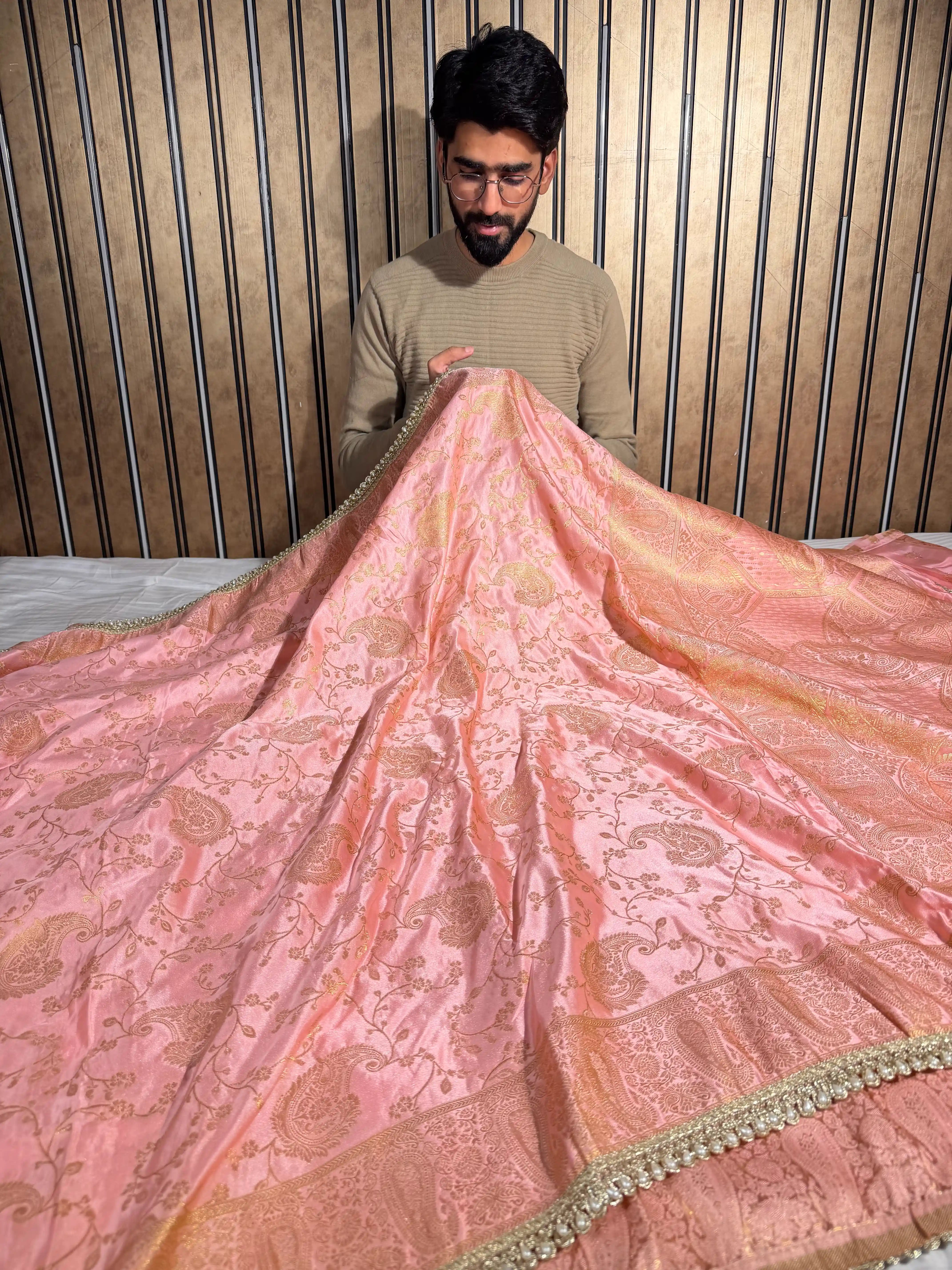 Light Peach Mashru Katan Designer Lace Work Banarasi Saree