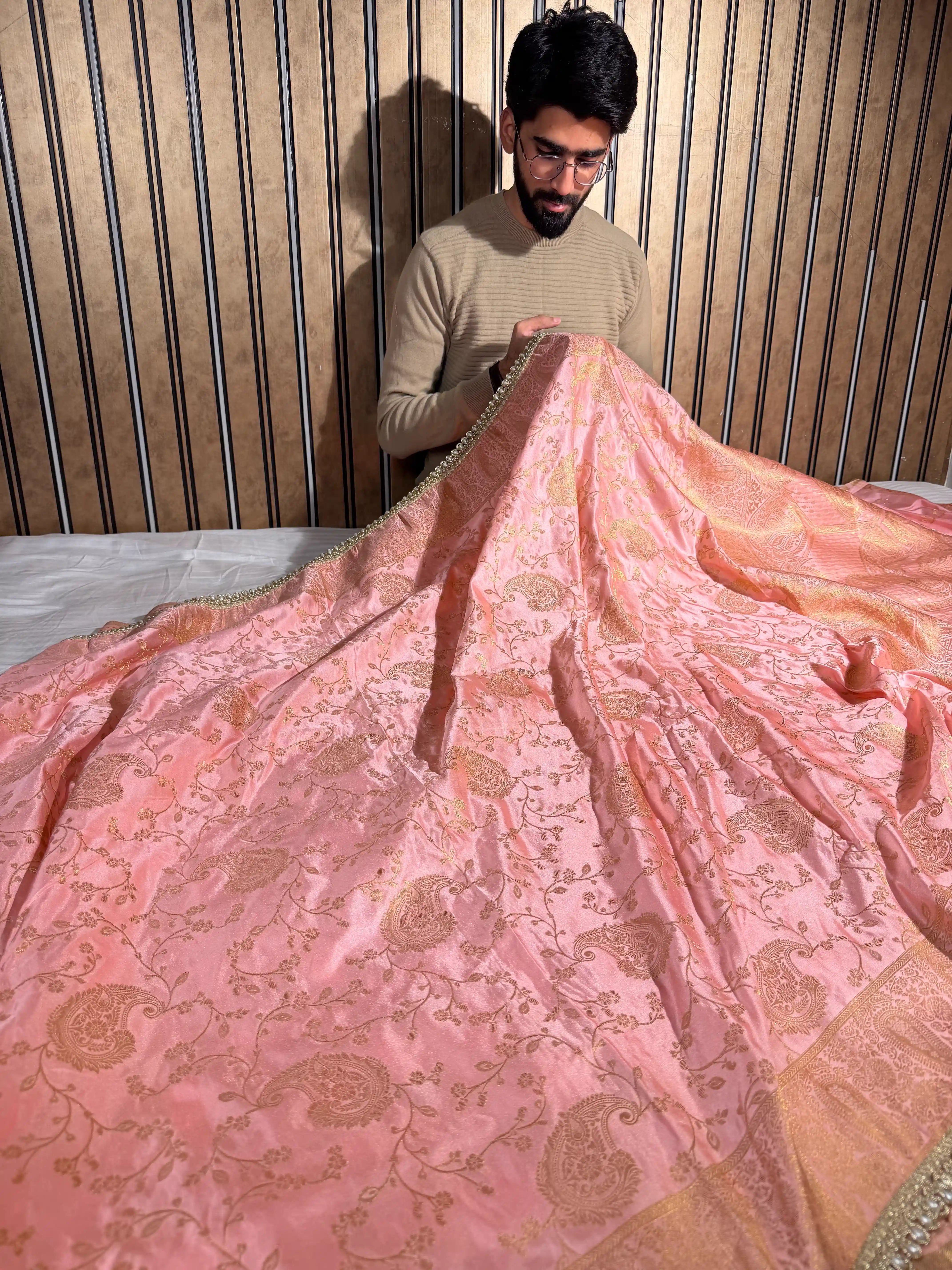 Light Peach Mashru Katan Designer Lace Work Banarasi Saree