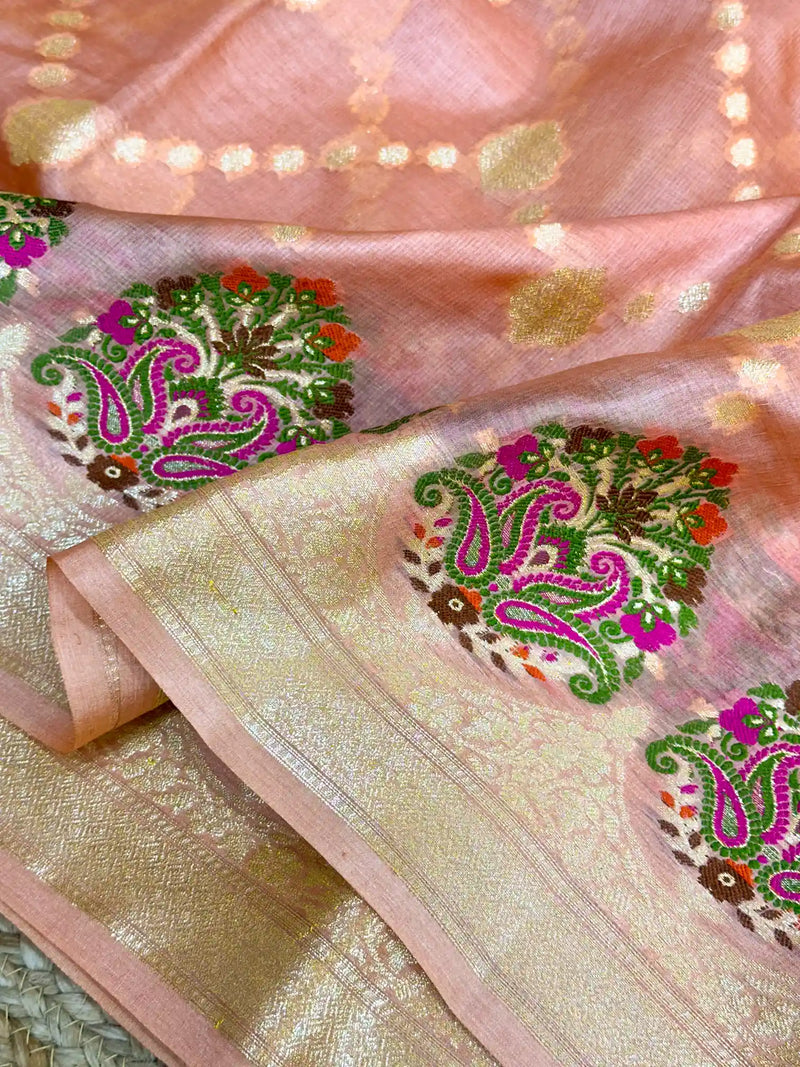 Light Peach Meenakari Pure Tussar Silk Saree