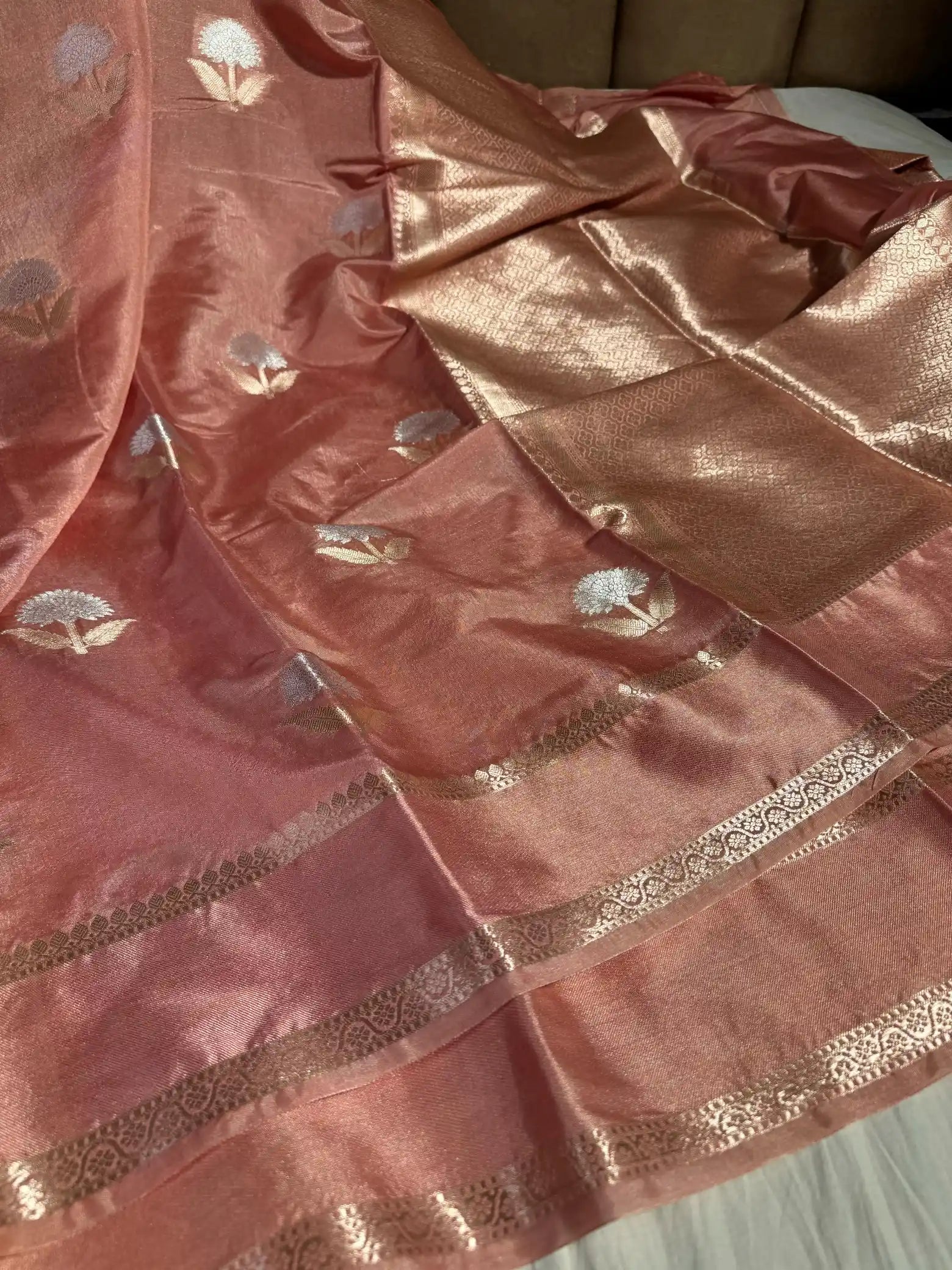 Light Peach Premium Chiniya Silk Saree with Rich Pallu and Blouse