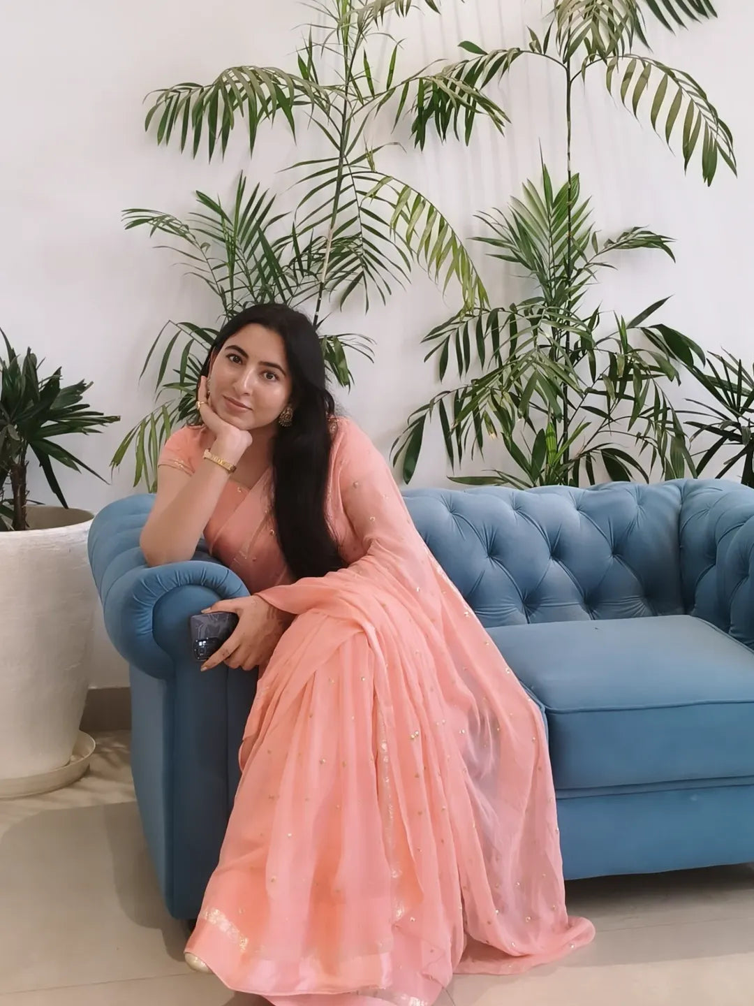 Light Peach Viscose Georgette Embroided Buti Saree