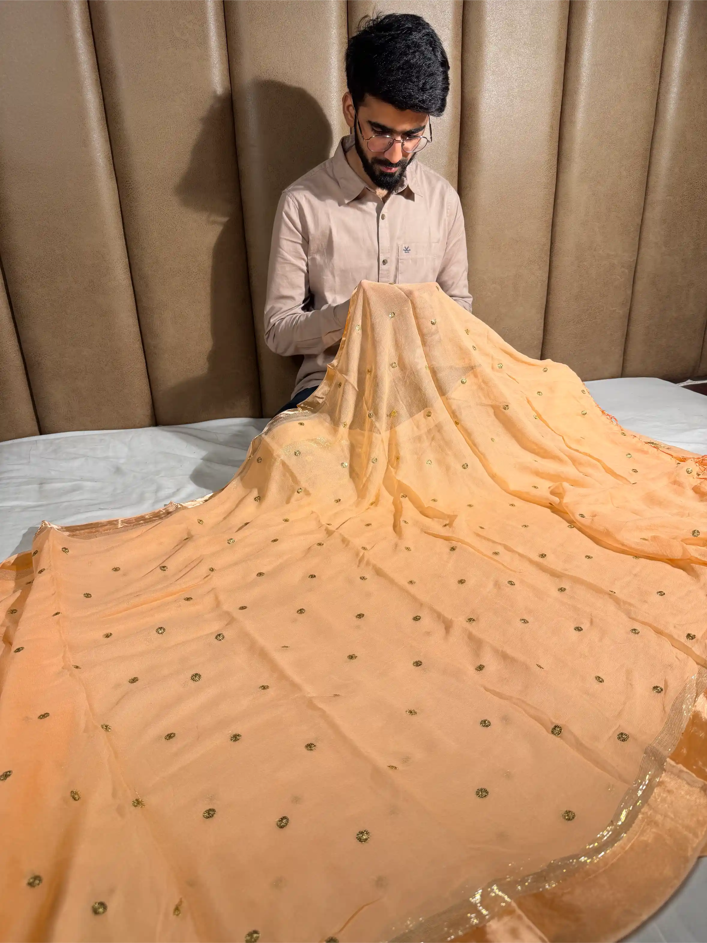 Light Peach Viscose Georgette Embroided Buti Saree